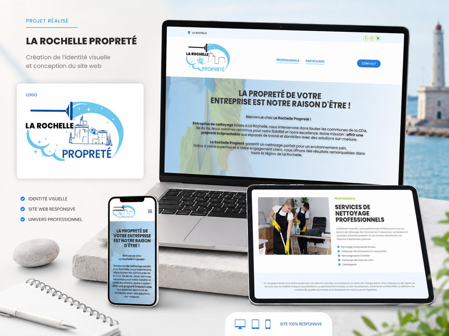 Identité visuelle et site responsive La Rochelle Propreté réalisés par Com' en Ville