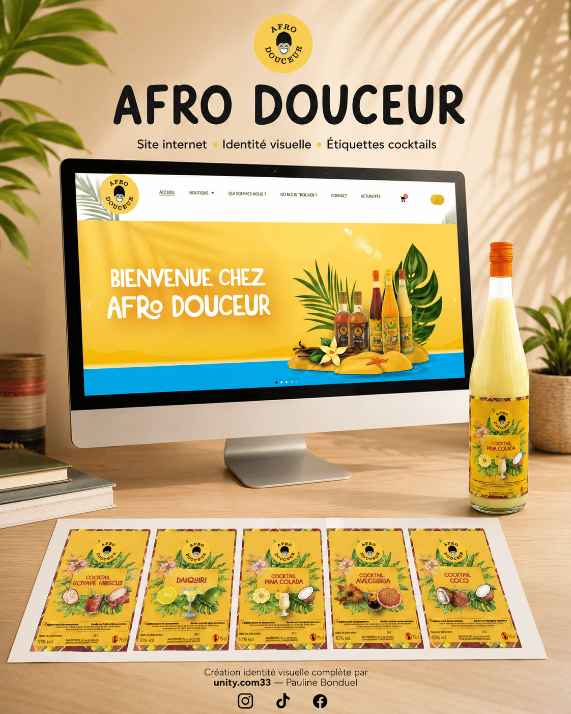 Identité visuelle, étiquettes cocktails et site internet Afro Douceur